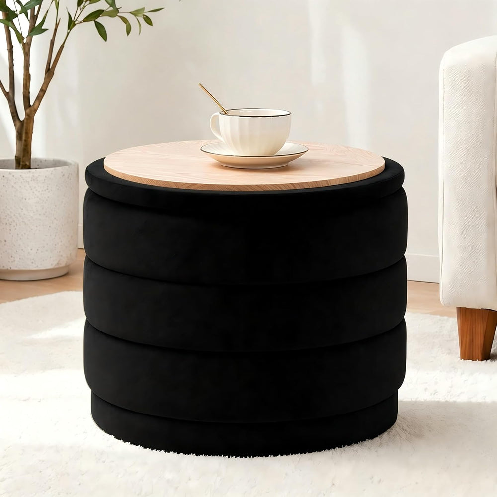 23" Round Velvet Storage Ottoman with Tray | Upholstered Folding Foot Re...