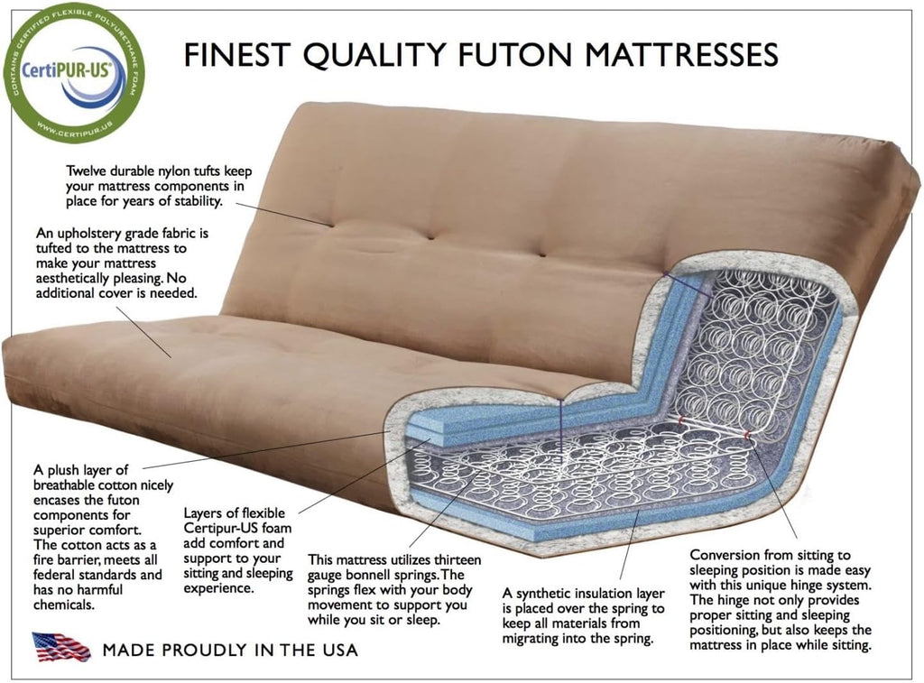 FutonX Rustic Walnut Frame and Mattress Set with Choice to add Drawers, 8 Inch Innerspring Futon Sofa Bed Full Size Wood (Grey Matt and Frame (No Drawers))