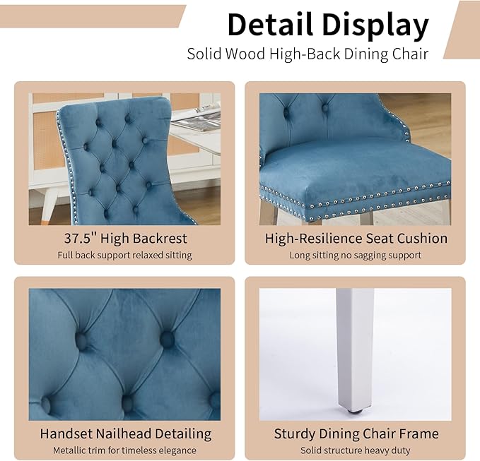 Luxury Upholstered Dining Chairs Set of 2, Light Blue Kitchen Chair with Silver Metal Legs, Velvet Tufted Back Dining Chair, Sillas de Comedor, Modern Kitchen & Dining Room Chairs (Light Blue, 2 Pcs)
