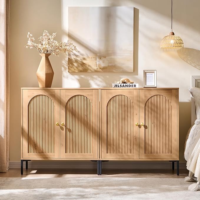 Modern TV Stands for 75 Inch TVs, 61.75‬"W Wood Entertainment Center w/Adjustable Shelves, Mid Century Modern TV Stand w/Arched Fluted Doors, Media Console Cabinet for Living Room, Natural