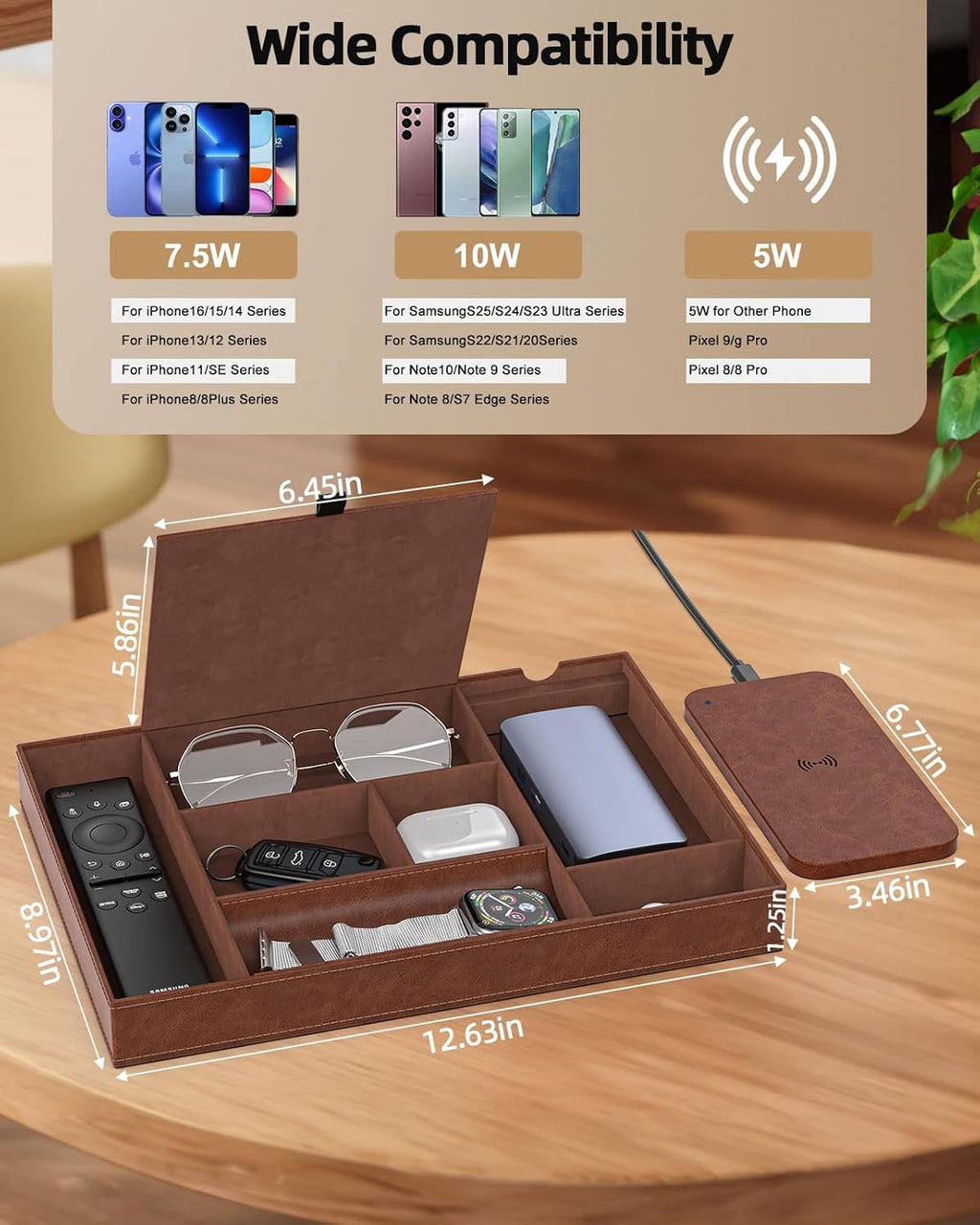 Valet Tray with Wireless Charger, Nightstand Organizer, Leather Desk Drawer Organizer Tray with 7 Compartments for Jewelries, Watch, Key, Wallet, Phone, Brown
