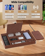 Valet Tray with Wireless Charger, Nightstand Organizer, Leather Desk Drawer Organizer Tray with 7 Compartments for Jewelries, Watch, Key, Wallet, Phone, Brown