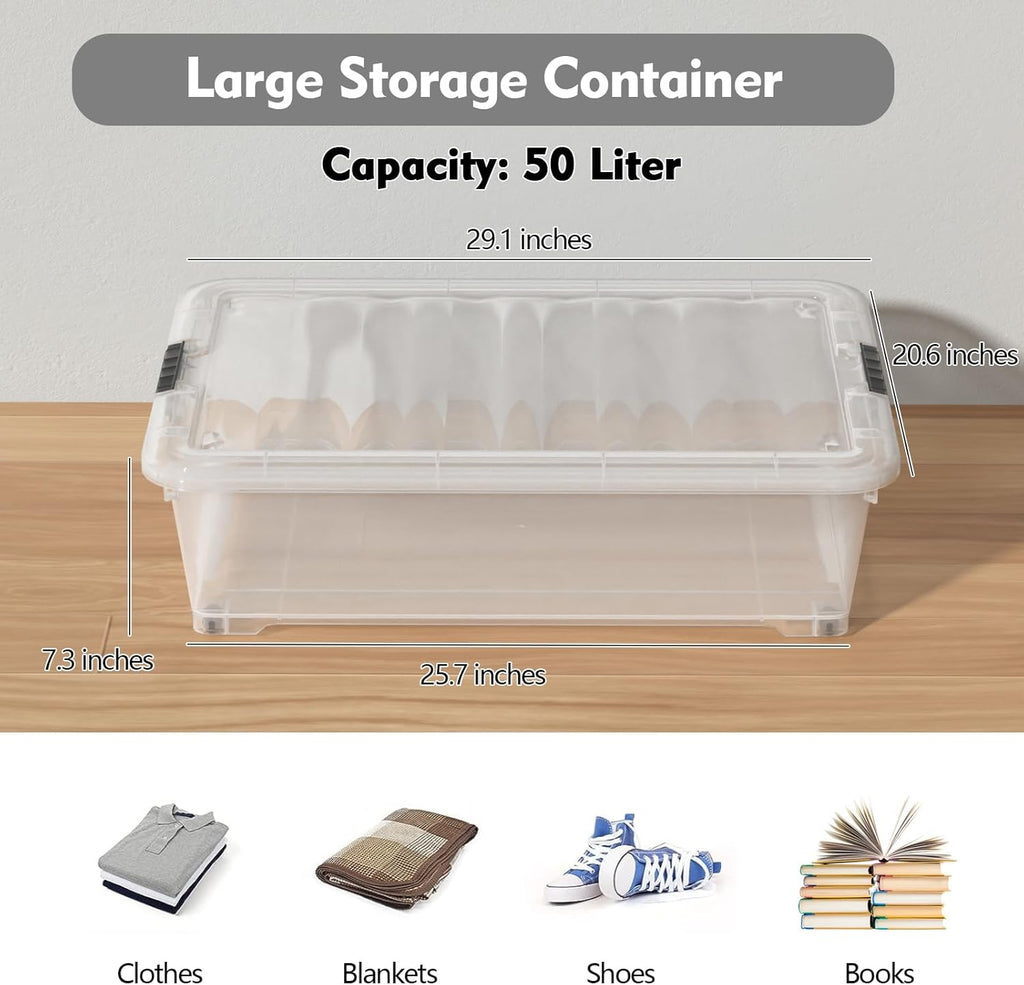 Saedy 50 L Plastic Under Bed Storage Bin with Wheels, 4 Pack Clear Latching Container Box, F