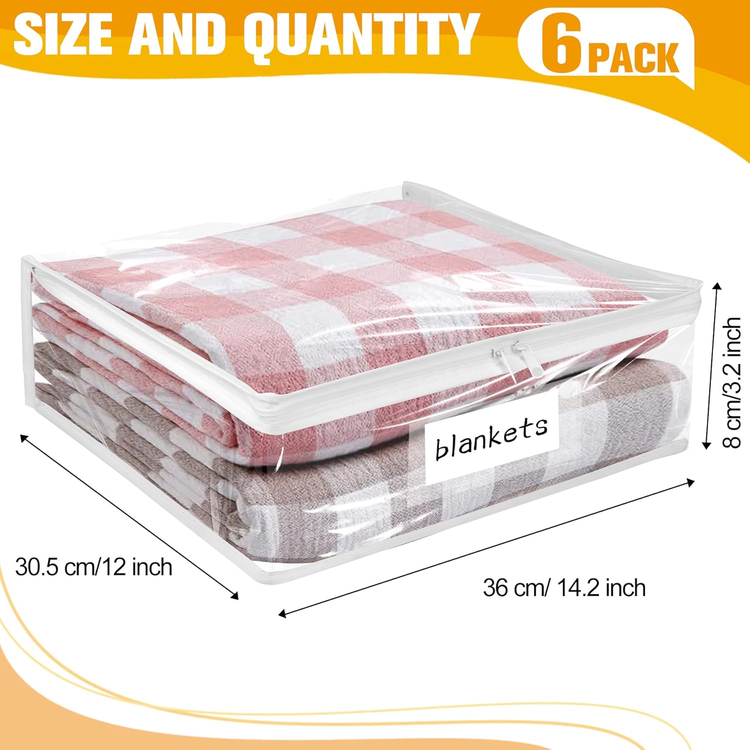 Plastic Storage Bags with Easy-Glide Zipper, Pack of 6, Durable Clear Vinyl Zippered Storage Bags for Clothes Sweaters Comforters Blankets Sheets Bedding (14.2 x 12 x 3.2 Inch)
