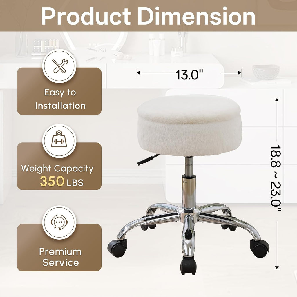 Gitrah Vanity Chair with Wheels Adjustable Vanity Stool with Storage Swivel Vanity Stool for Vanity Rolling Makeup Stool Chair Faux Fur Off White