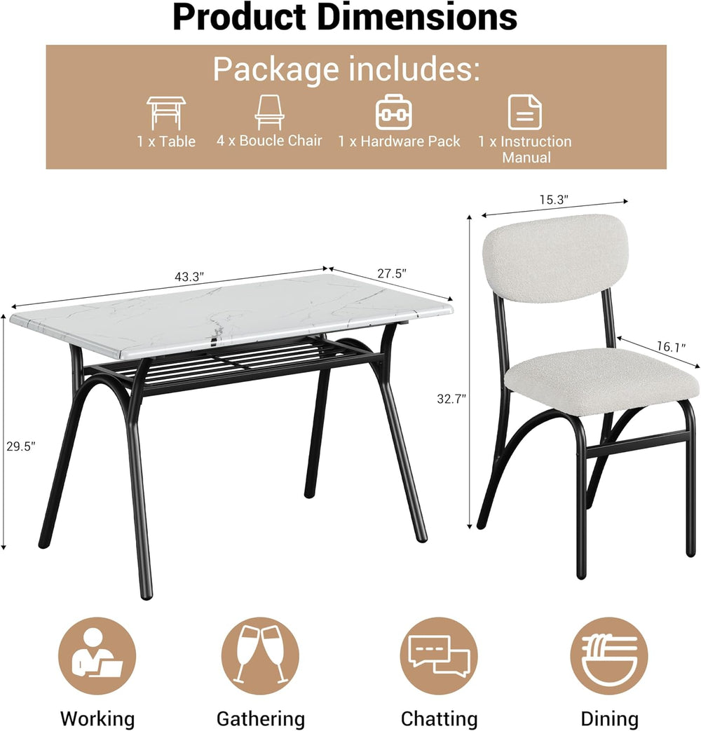 5-Piece Dining Table Set for 4, Modern Kitchen Table with 4 Boucle Chairs, Re...