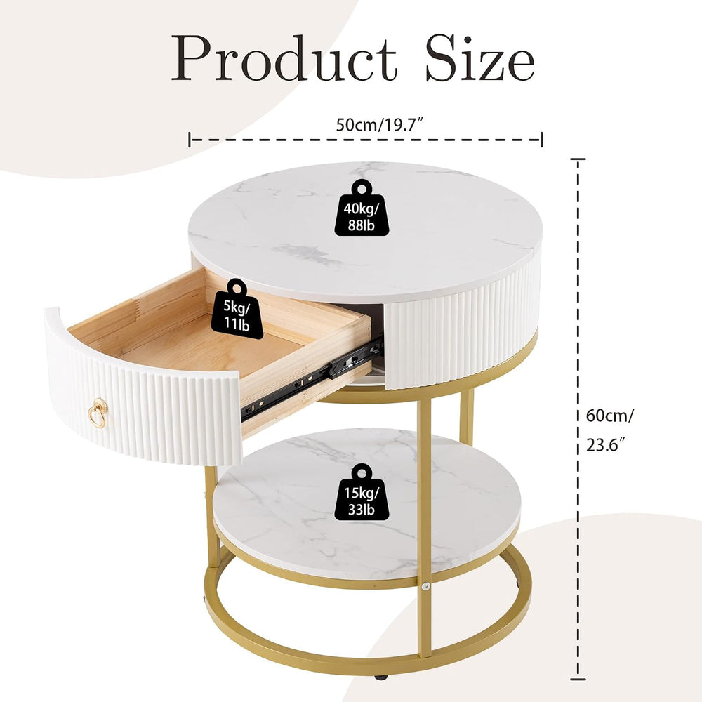 SUNBURY 19.7" Round Side Table with Drawer, Modern Faux Marble End Table...