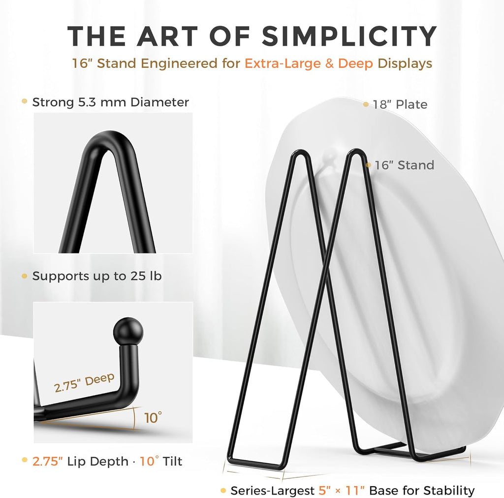TR-LIFE 16 Inch Heavy Duty Plate Stand (2 Pack) - Metal Display Easel for Large Plates, Picture Frames, Signs, Posters, and Decorative Platters
