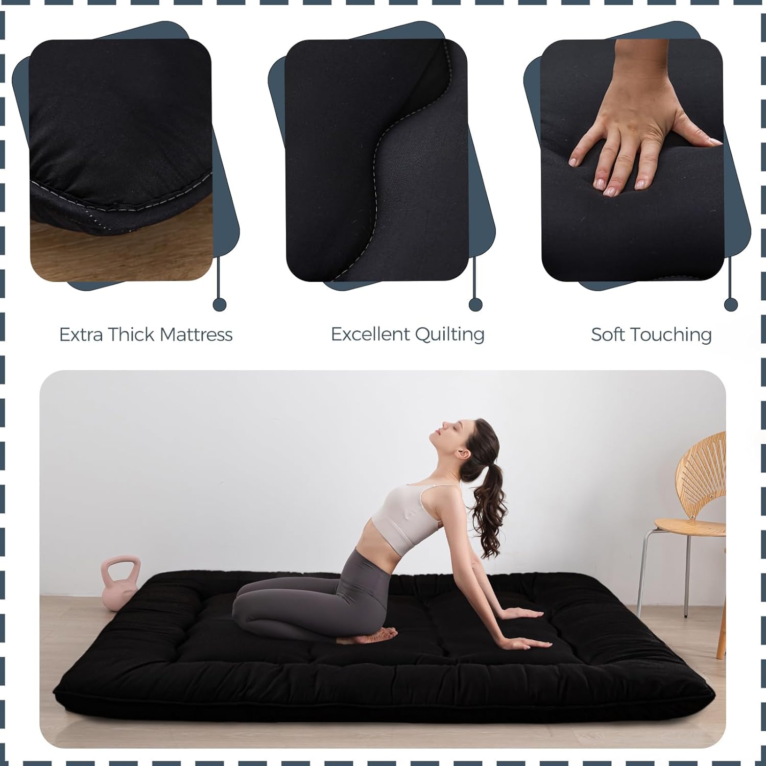 MAXYOYO 6" Extra Thick Japanese Floor Mattress Futon Mattress, Foldable Tatami Pad for Adults, Roll Up Floor Mat for Living Room Guest Room RV, Black, Full