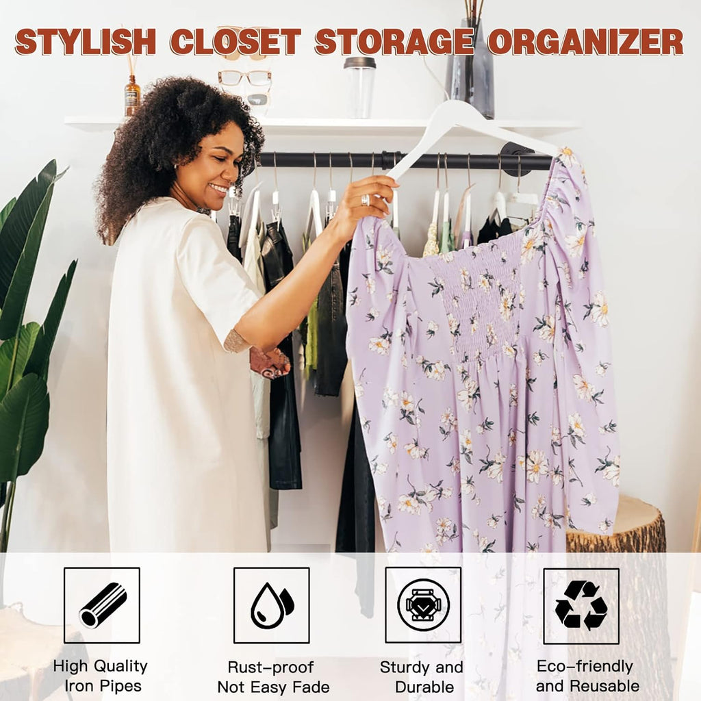 Wall Mounted Clothes Rack - 36" Industrial Pipe Clothing Garment Rack, Space - Saving Heavy Duty Detachable Black Iron Clothes Organizer, Multi-Purpose Hanging Rod for Closet Storage, 2 Base