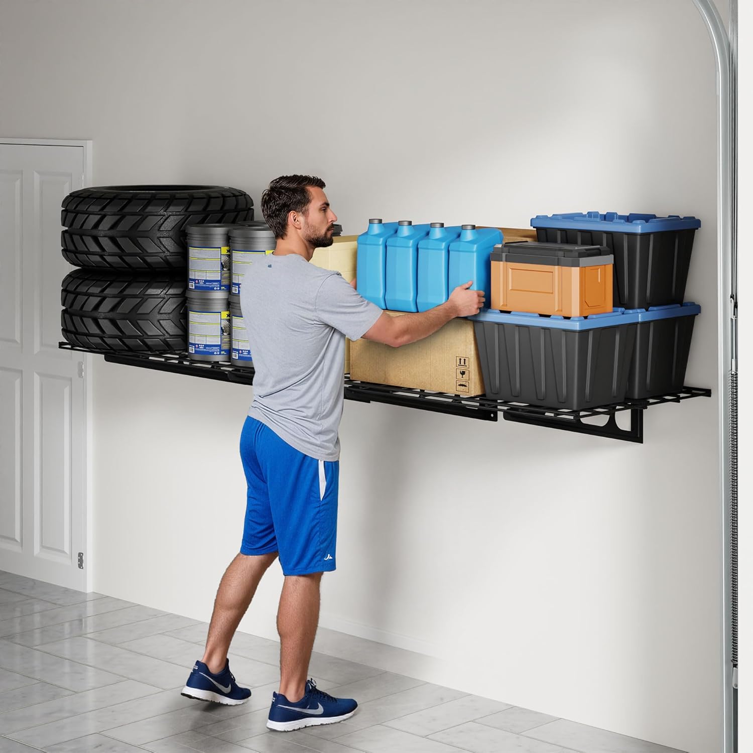 FLEXIMOUNTS 2x6ft Garage Shelving Wall-Mounted, 1-Pack Heavy-Duty Wall Shelving, Holds Up to 400 lbs, Garage Storage Rack for Organization & Storage Bins, Black, Classic Series