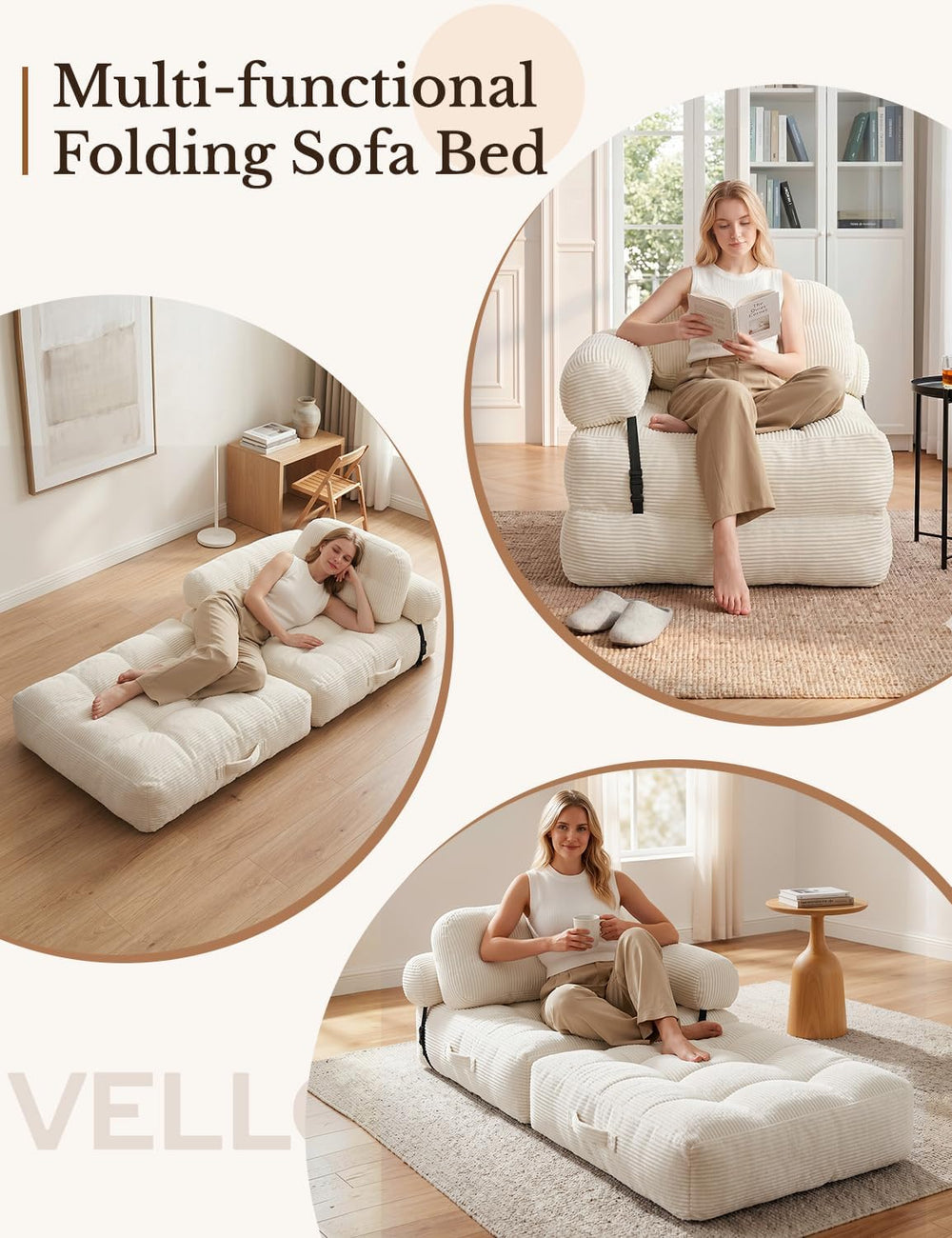 Folding Sofa Bed, L-Shaped Couch Back Support and Arm Pillow Futon | Converti...