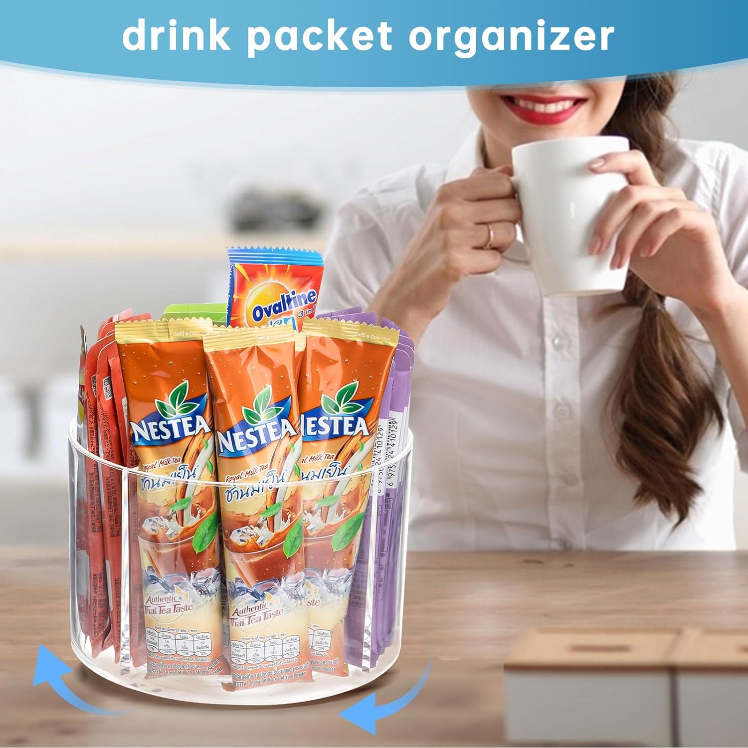 360° Turntable Drink Packet Organizer, Rotating Turntable Organizer, Clear Lazy Susan for Powdered Drink Mix, Water Drink Packet Holder Organizer for Drink Mix Necessities