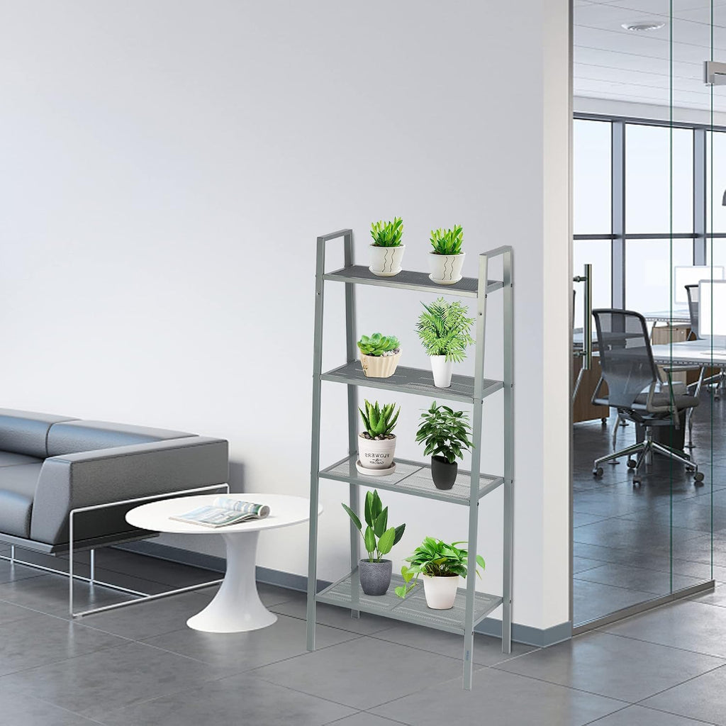 4-Tier Metal Ladder Shelf, Lightweight Bookcase Storage Rack with Open Shelves, Multi-Purpose Display Stand for Plants, Books, Photos and Decor, Gray