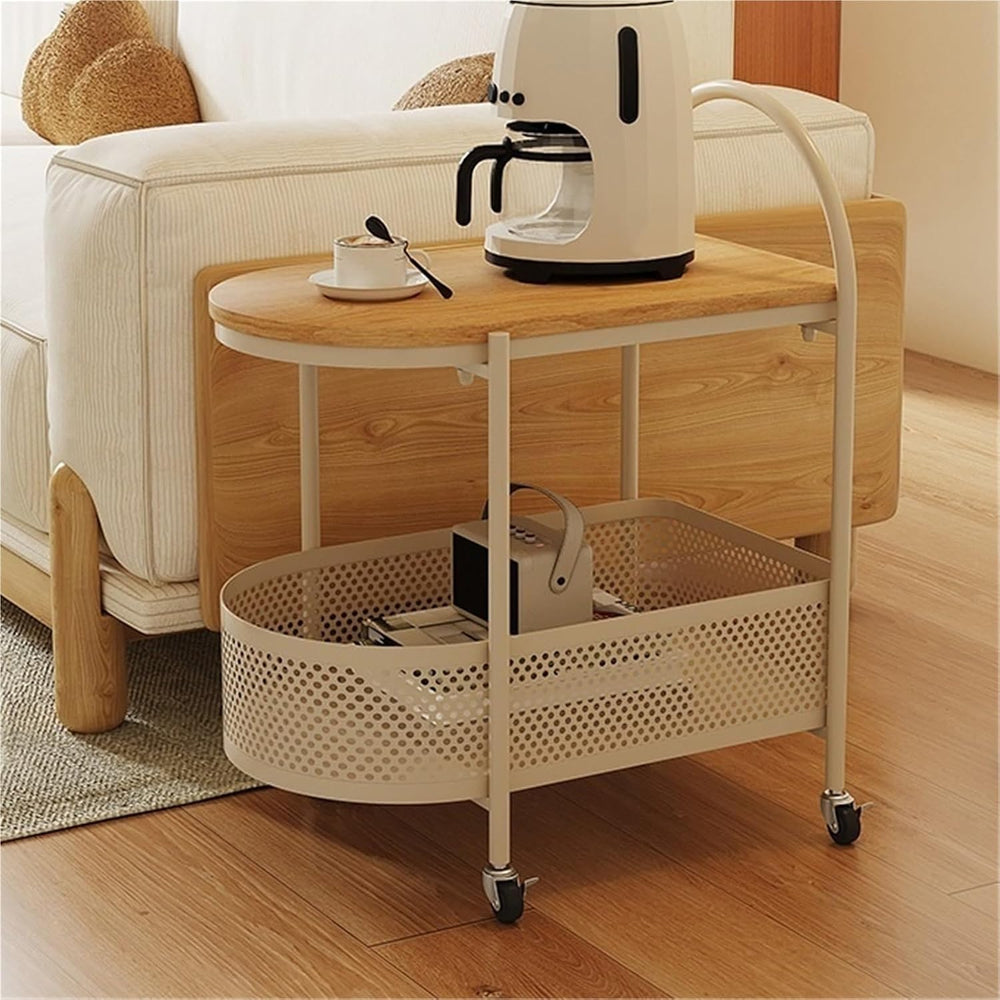 Sofa Side Table with Wheels Coffee Storage Cart Movable End Table with Storag...