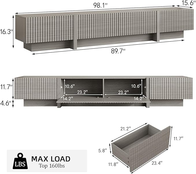 98" TV Stand for Living Room, Modern Entertainment Center with Drawers & Storage Compartments, Large TV Console Fits 55”-95” TVs, Square Top with Grooved Drawer Fronts & Stable Base,Grey