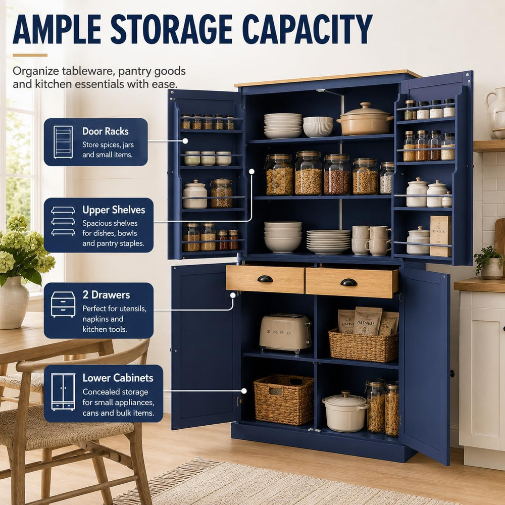 71.3" Kitchen Pantry Cabinet, Freestanding Cupboard, Blue | Painted MDF,...