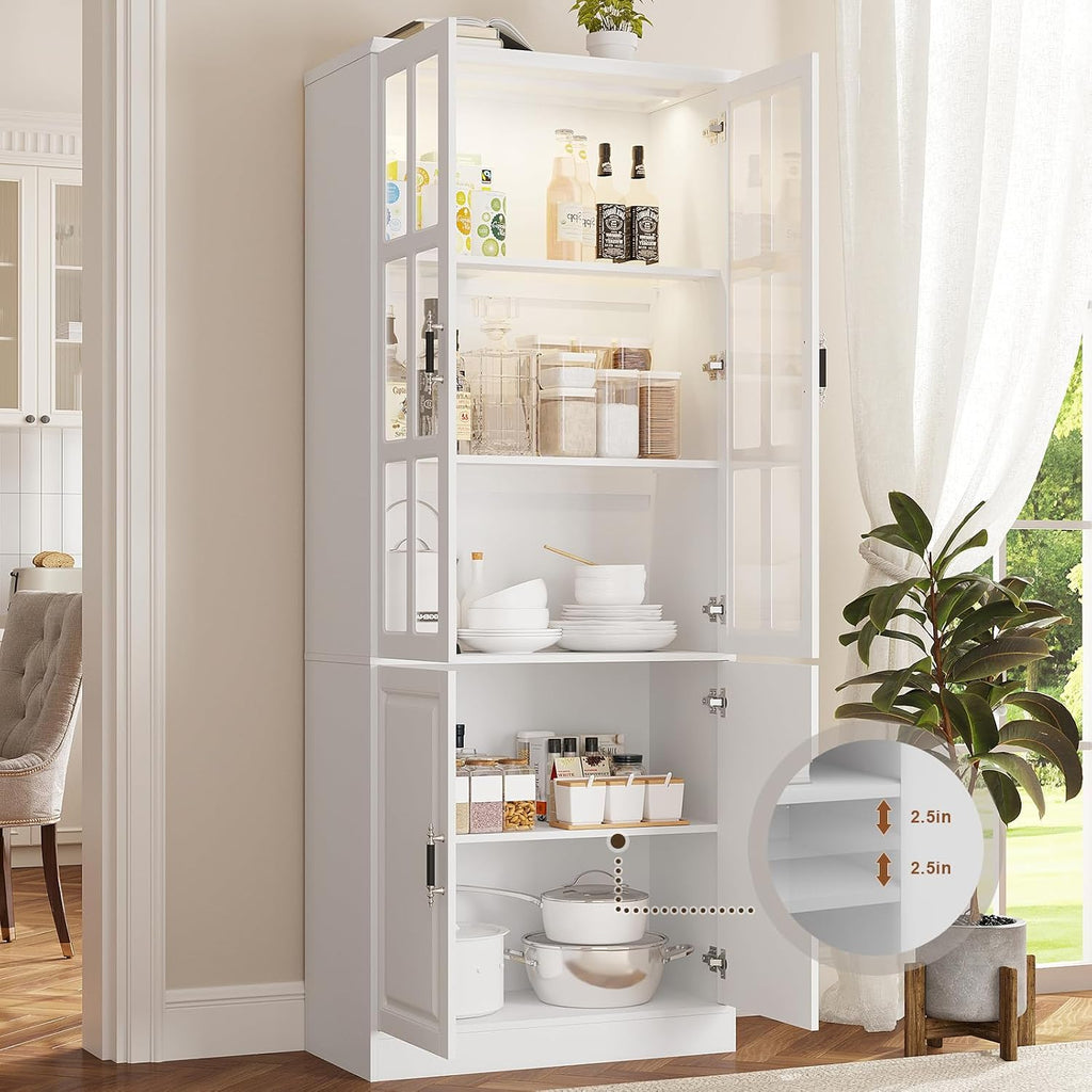 MEISSALIVVE Kitchen Pantry Storage Cabinet with LED Lights, 78.7" Tall with Glass Doors & Drawers, Freestanding Utility Cabinet, White (31.5" W x 15.7" D)