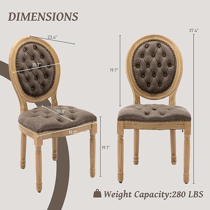 French Country Dining Chairs Set of 2,Farmhouse Upholstered Dining Room Chairs with Tufted Round Back&Solid Leg,PU Leather Kitchen Side Chairs for Kitchen/Bedroom/Dining Room,Brown