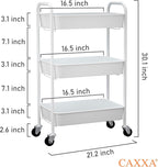 CAXXA 3-Tier Rolling Metal Storage Organizer - Mobile Utility Cart Kitchen Cart with Caster Wheels, White