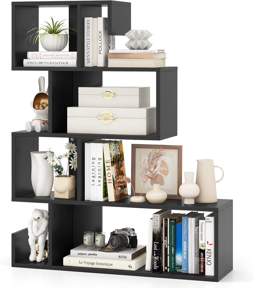 Tangkula S-Shaped Bookshelf, 5-Tier Modern Geometric Stepped Bookcase with An...