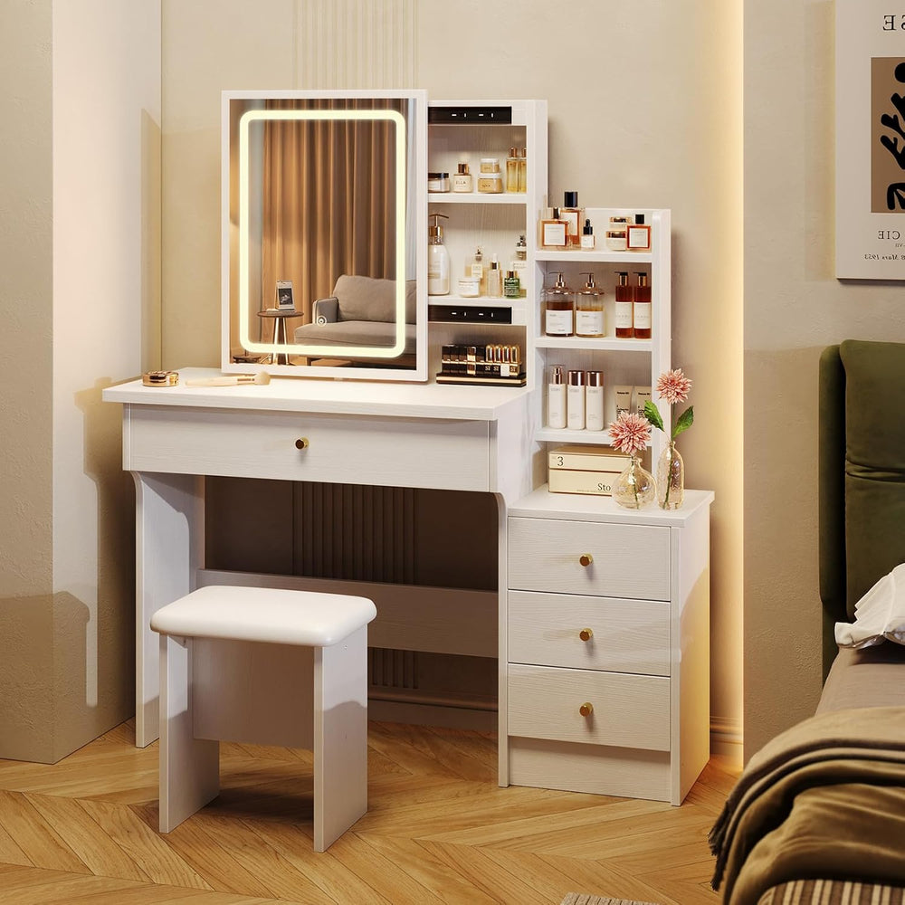 Memobarco White Makeup Vanity Desk with Sliding Mirror & 4 Drawers | Smar...