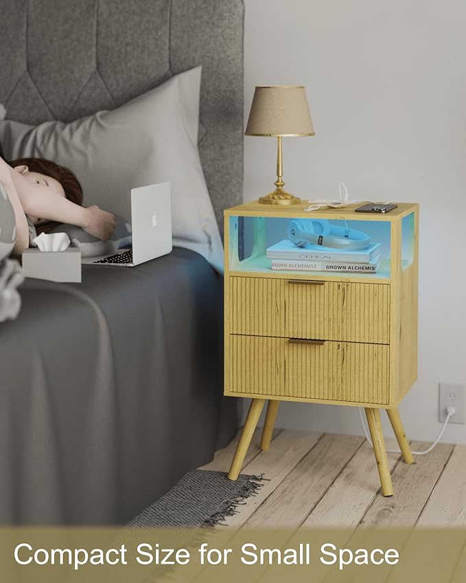 Nightstand with Charging Station and LED Lights,Modern Bedside Table with 2 S...