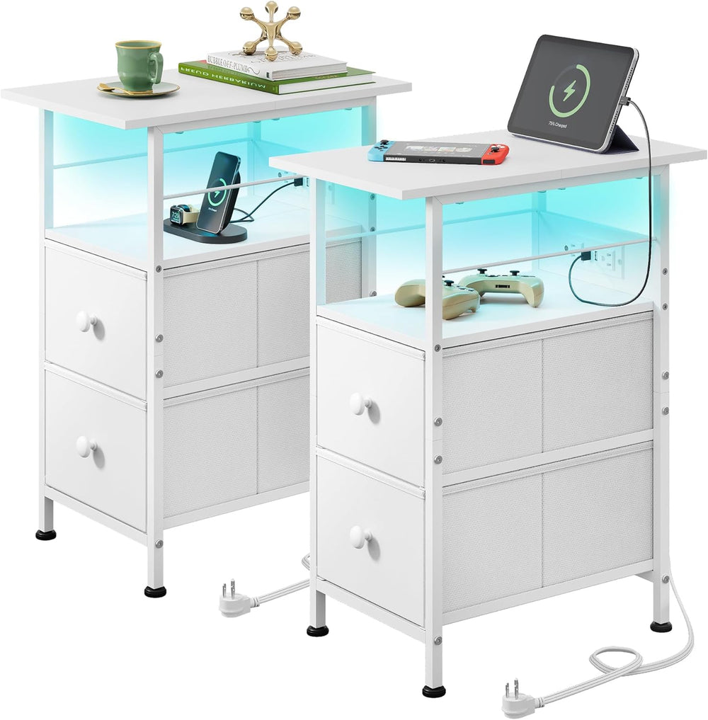 WLIVE Nightstand Set of 2 with Charging Station, End Table Sets with LED Ligh...