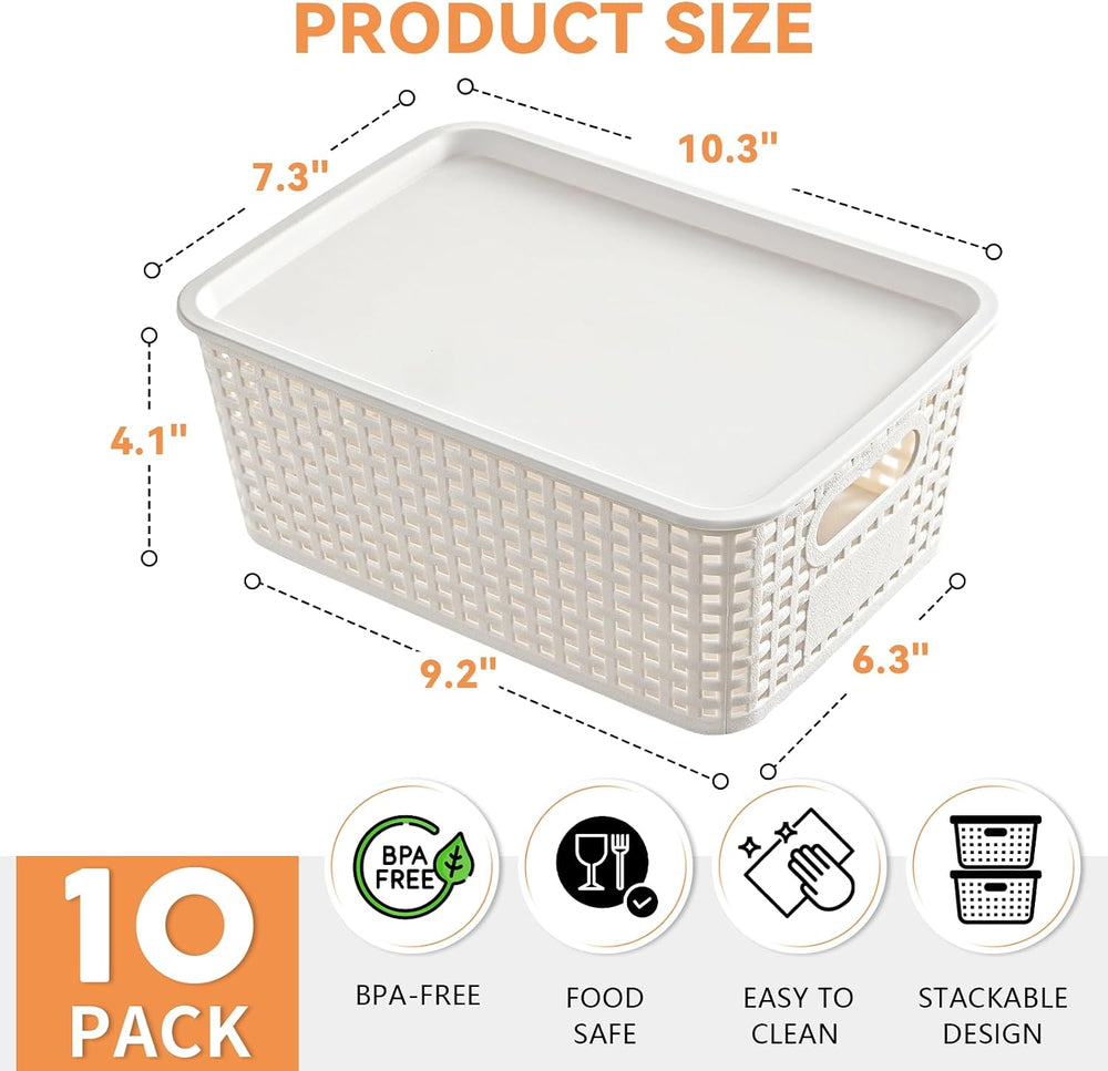 10 Pack Small Plastic Storage Bins with Lids, Stackable Plastic Storage Baske...