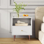 White Night Stand Set 2,Modern Bedside Table with Door and Open Storage,Fluted Nightstand and Wood End Side Table with Rose Gold Metal Legs and Handles for Bedroom,Living Room,White