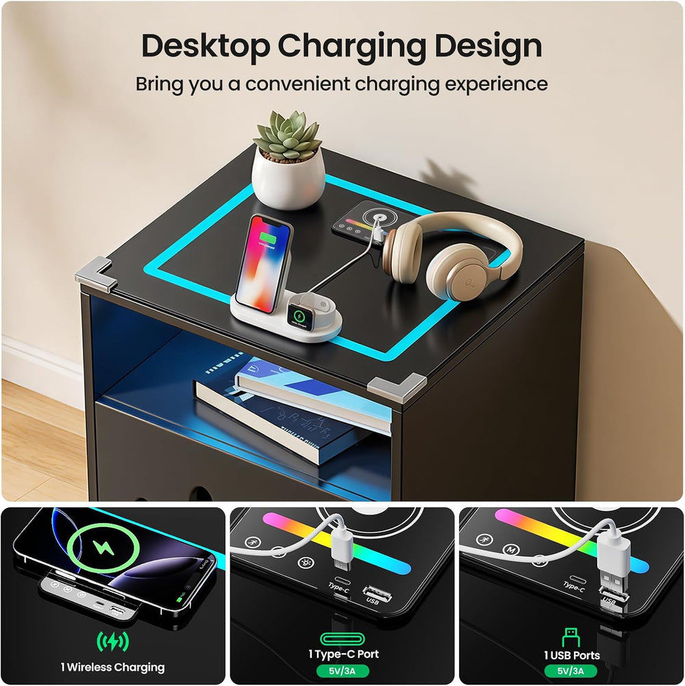 Cat House Night Cabinet with Charging Station & LED Lights, Modern Wooden...