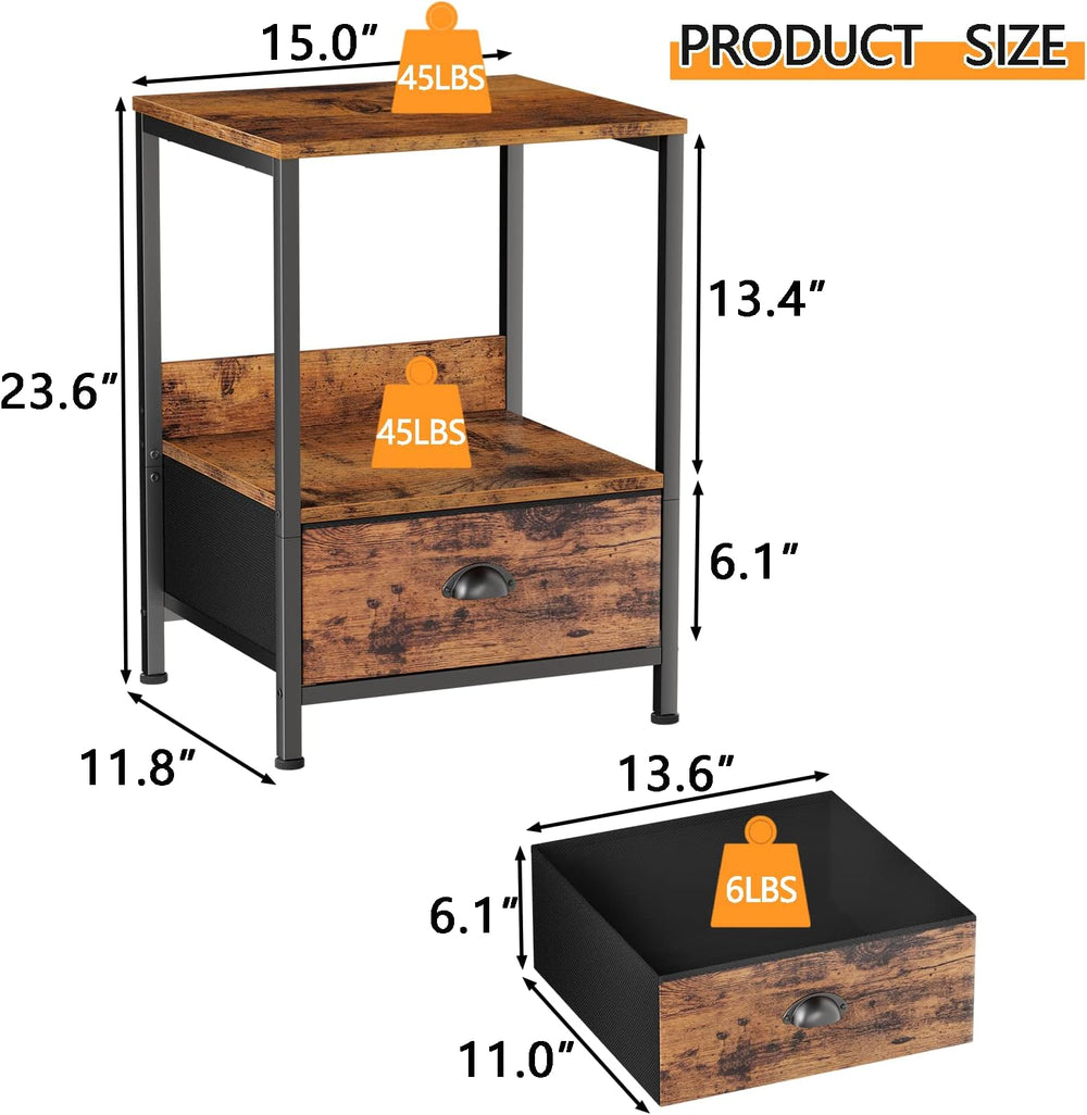 Furologee Rustic Brown Industrial Style Nightstand with Drawer, 15.7" L ...