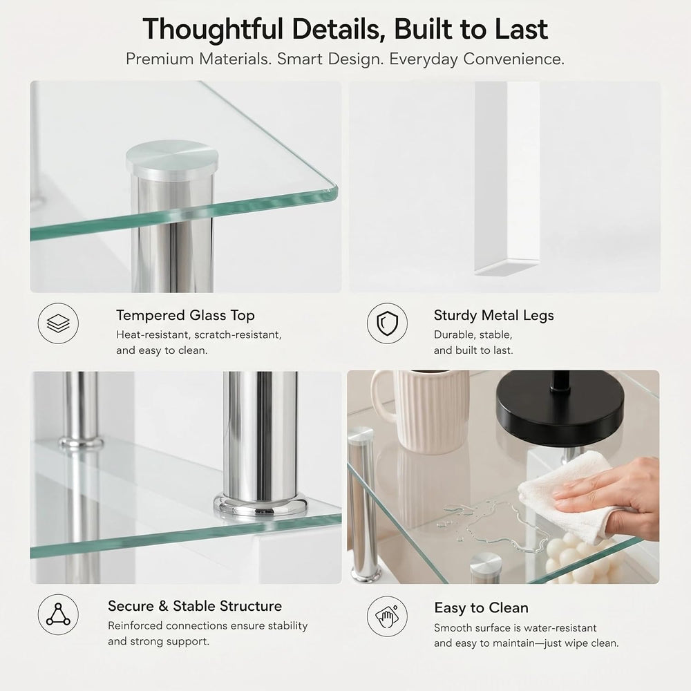 Meihua Tempered Glass End Table, White Modern Square Side Table with Metal Fr...