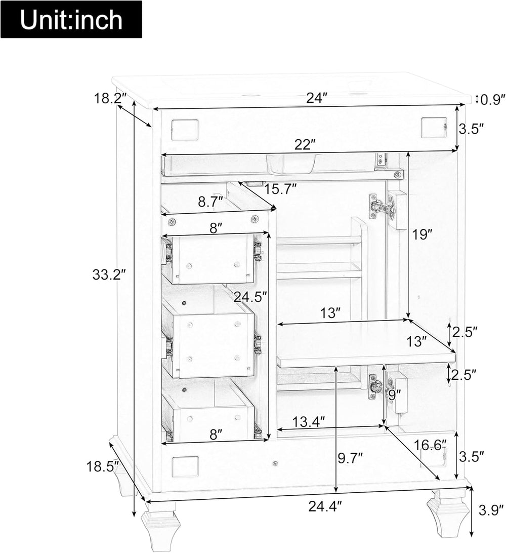 JIVOIT 24 Inch Bathroom Vanity with Ceramic Sink Top, Solid Wood & MDF Va...