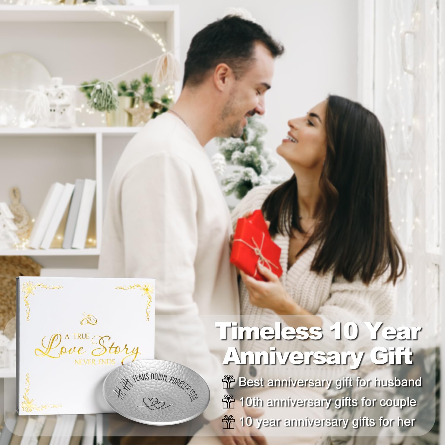 10 Year Anniversary Aluminum Gifts, 10th Wedding Anniversary Jewelry Tray For Wife Husband Her Him, Ripple Textured 4" Ring Holder Dish - Ten Years Decoration Ideas Tin Gift for Parents Men Women