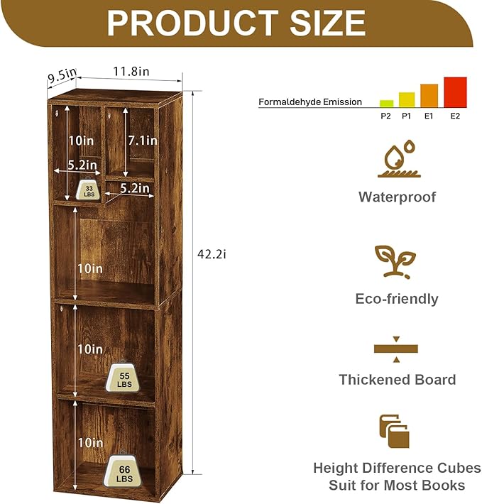 VECELO 4-Tier Bookcase, Modern Storage Cabinet with Height Difference Shelves for Standard Textbooks, 5 Cubes, Vertical or Horizontal, Easy Assembly, Rustic Brown