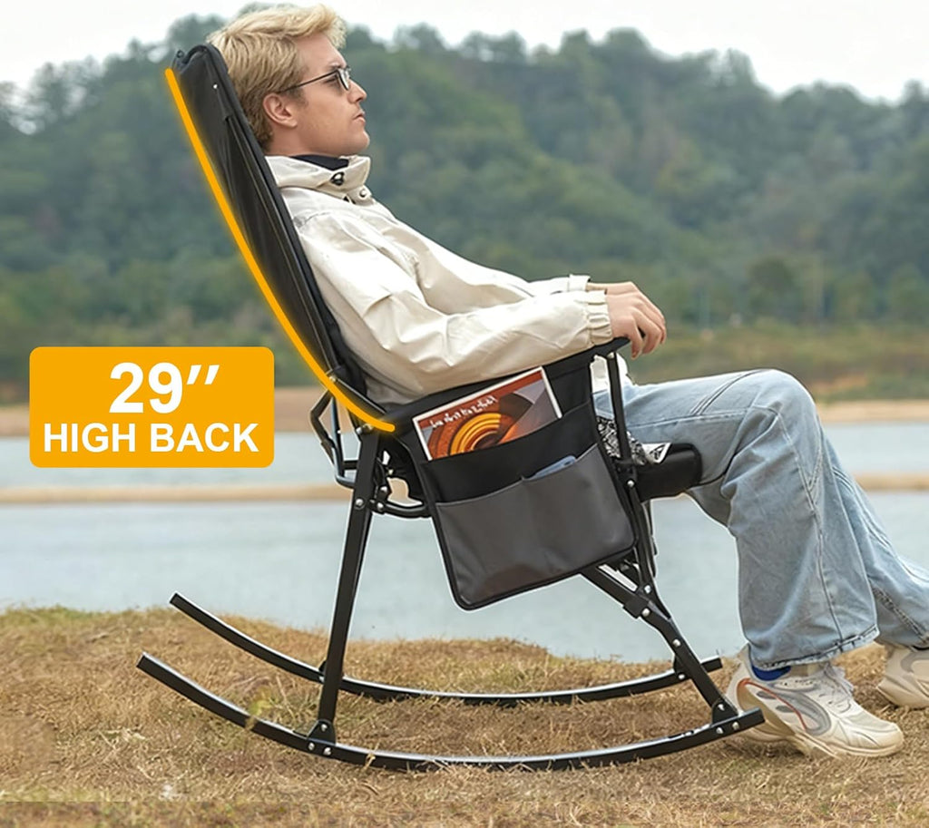Romswi 2 Pack High Back Portable Rocking Chair with Hard Armrests, Oversized Folding Rocker Camping Chairs for Outdoor, Heavy Duty 400 lbs Patio Lawn Chairs