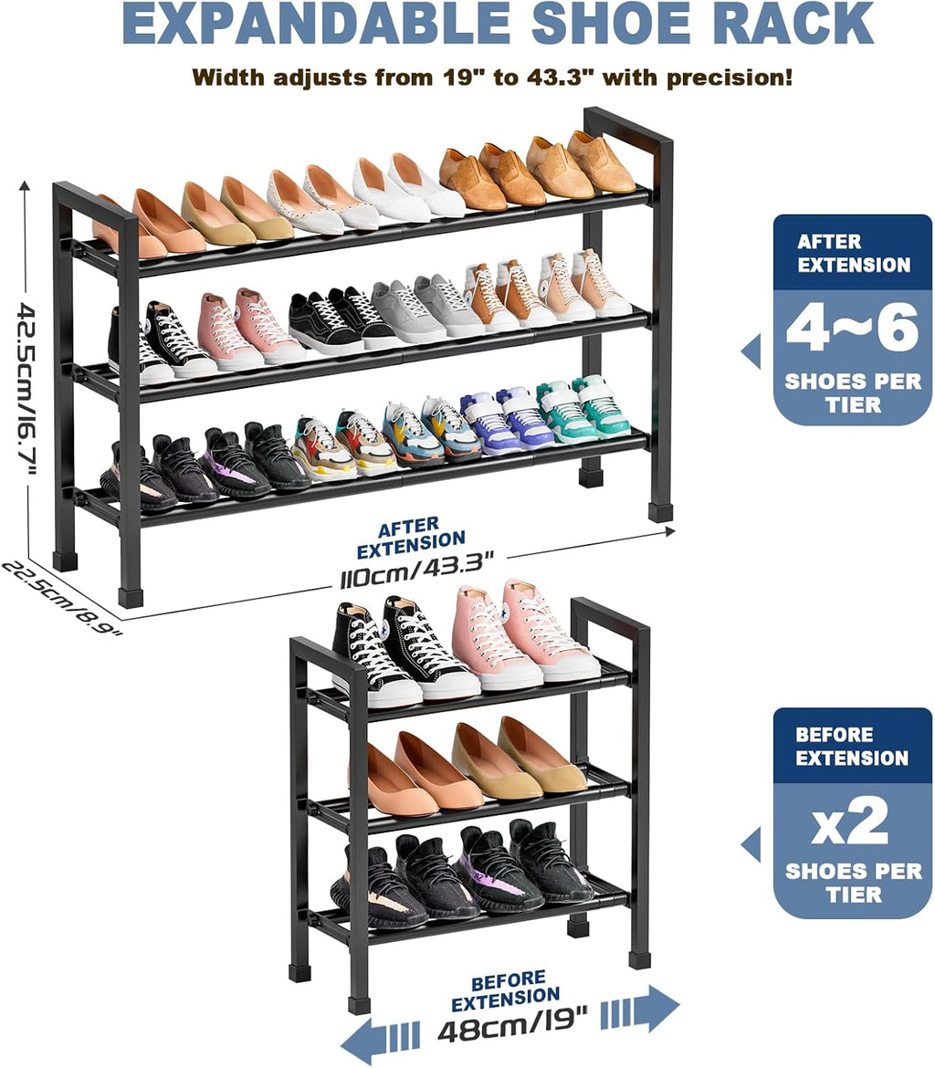 Mavivegue 19“- 43” Adjustable Shoe Rack, 3 Adjustable Length, 3 Tier Expandable Shoe Rack for Closet, Entryway, Shoe Shelf, Black