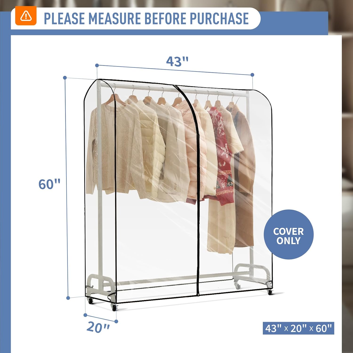 Clear Garment Rack Cover 43" L x 20" W x 60" H, Clothes Rack Cover with Reinforced Zipper, Waterproof PEVA Dustproof Protection – Cover Only, Rack Not Included