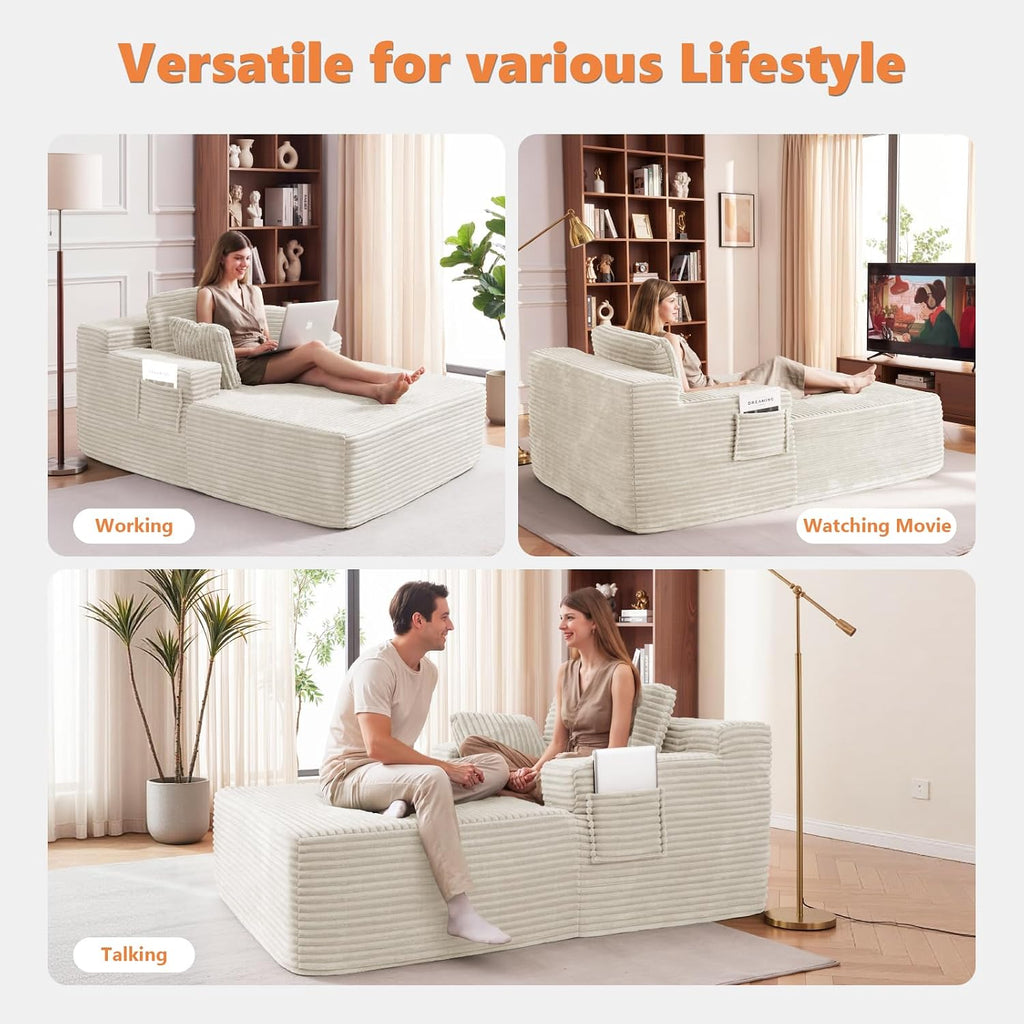 Boneless Chaise Lounge, 67" Oversized Chaise Lounge Chair Indoor with Side Pockets&Wide Armrests, Deep Seat Sleeper Sofa Bed, Cloud Corduroy Couch (Off-White, with Pockets)
