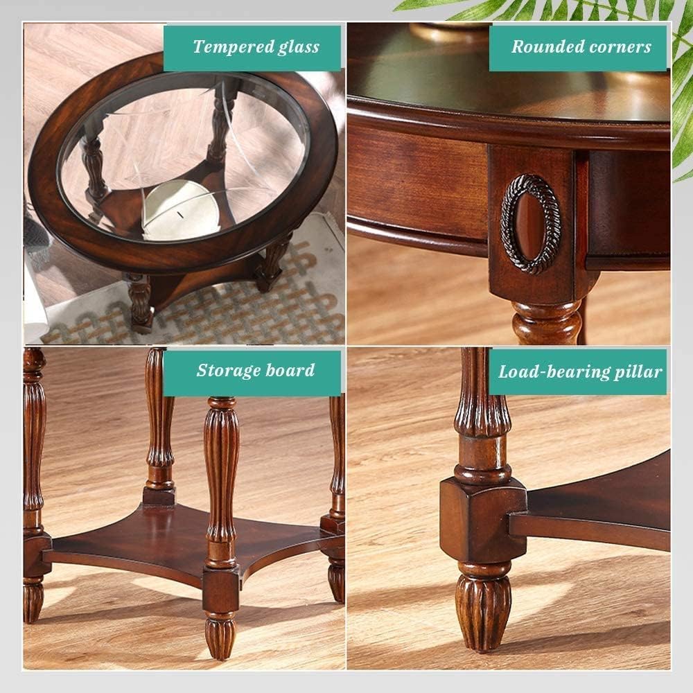 Traditional Solid Wood Oval End Table with Tempered Glass Top. Side Table for...