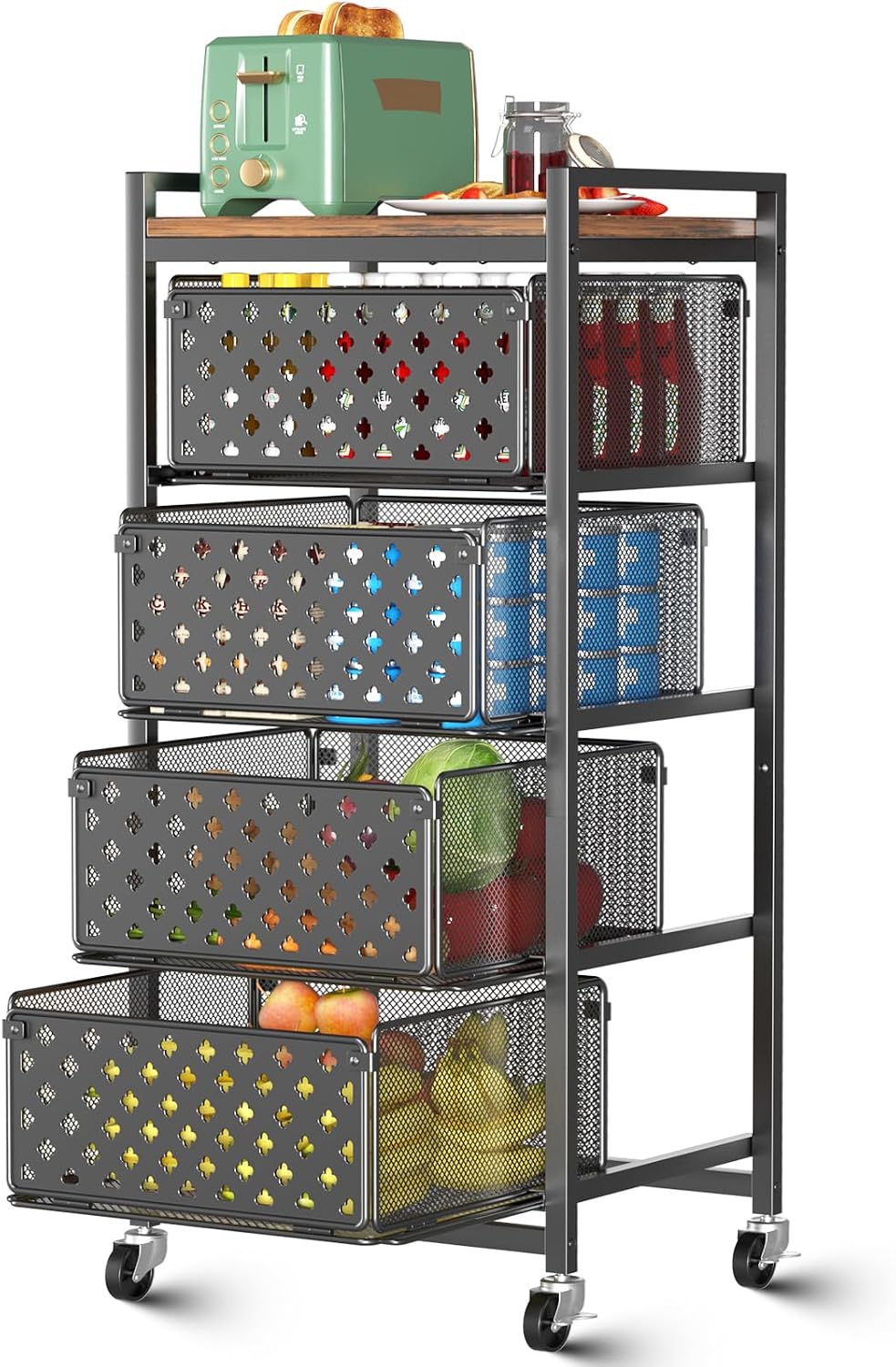 5 Tier Kitchen Storage Cart with Wheels, Utility Fruit Vegetable Storage Rack...