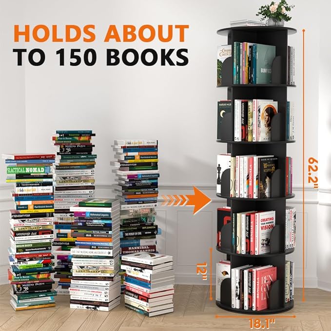 Nidouillet Rotating Bookshelf Tower, 5 Tier Spinning Bookcase Lazy Susan, Revolving 360 Book Shelf Storage Round Organizer, Vertical Rotate Turning Corner Book Case for Small Space, Black
