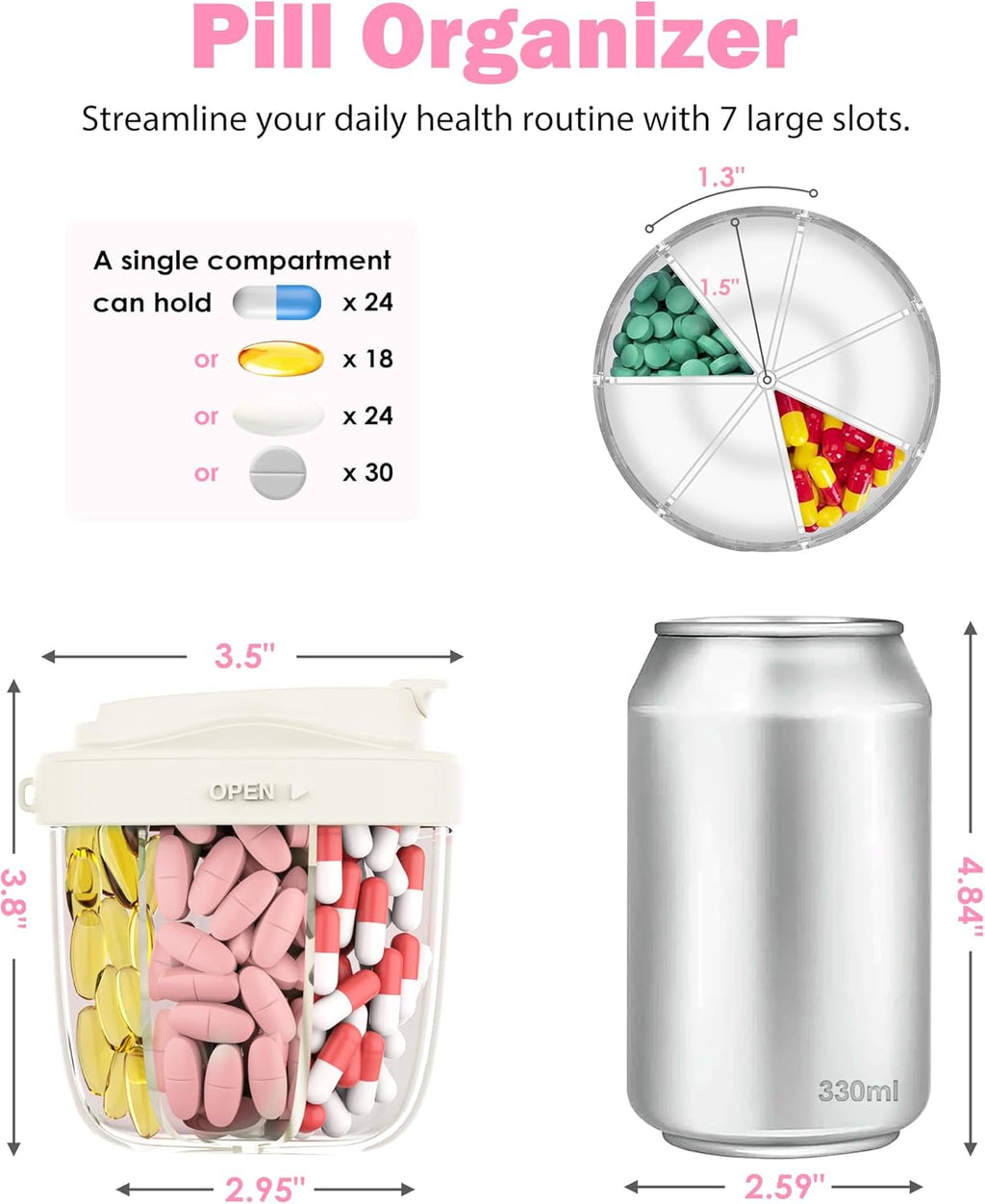 Cute Pill Organizer,Pill Dispenser with 7 Large Compartments,Portable Pill Bottle Box with Wide Opening for Easy Use, Anti-Mix Pills Organizer for Travel,Includes 20 Pcs Sticky Labels(White)