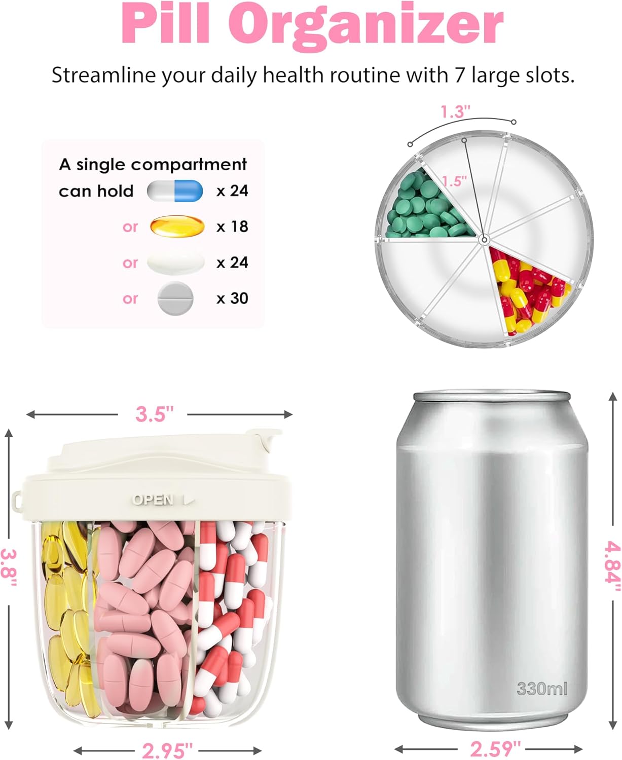 Cute Pill Organizer,Pill Dispenser with 7 Large Compartments,Portable Pill Bottle Box with Wide Opening for Easy Use, Anti-Mix Pills Organizer for Travel,Includes 20 Pcs Sticky Labels(White)
