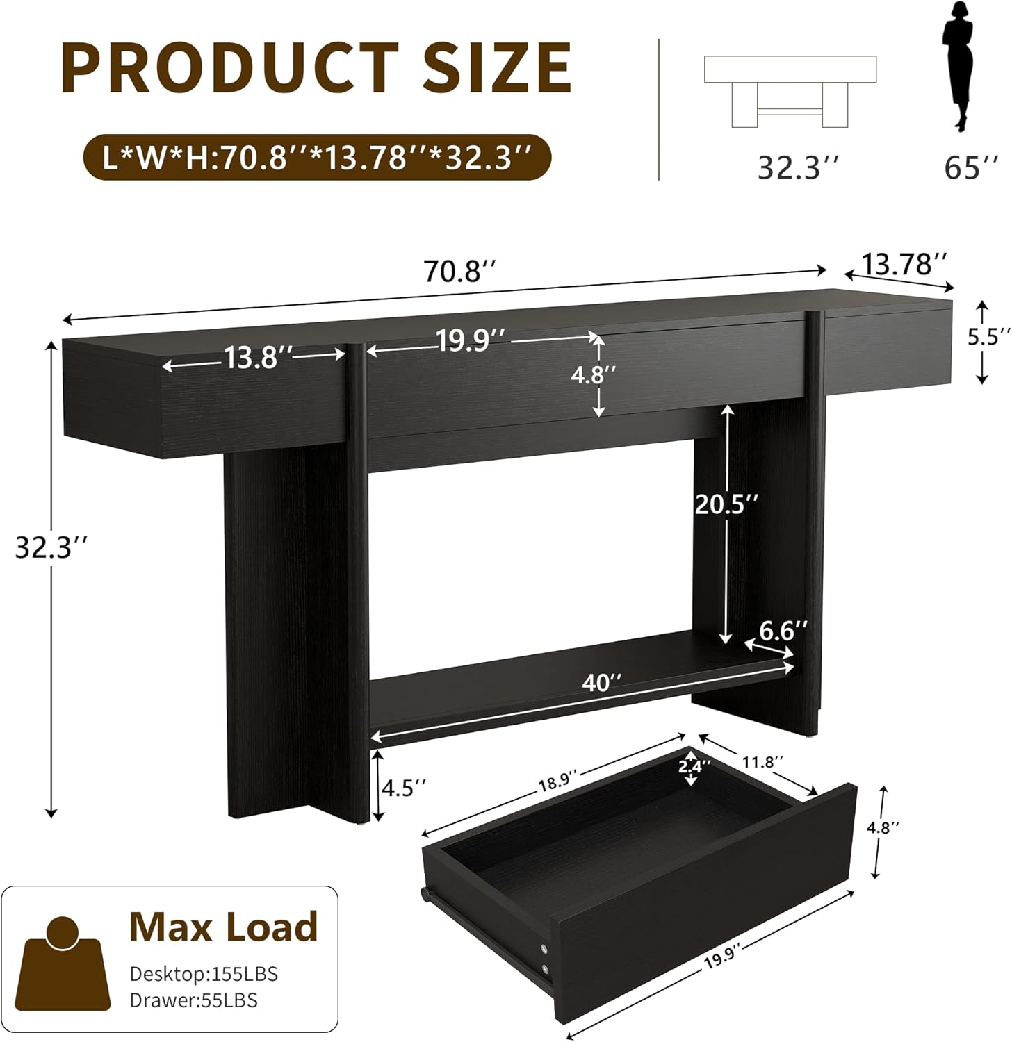 iPormis 70.8" Long Console Table with 2 Drawers and Open Storage, Modern Entryway Table with Colorful LED Lights, Narrow Sofa Table for Living Room, Hallway, Entrance, Behind Couch, Black
