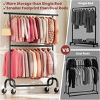 Heavy Duty Clothes Rack Load 600 LBS, Rolling Clothing Rack for Hanging Clothes with Lockable Wheels, Double Rod Garment Rack for Bedroom, Laundry, Living Room, Black