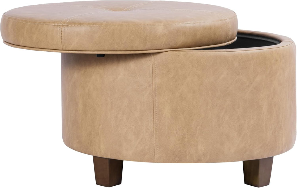 HomePop 24" Large Leatherette Storage Ottoman - Sand Faux Leather