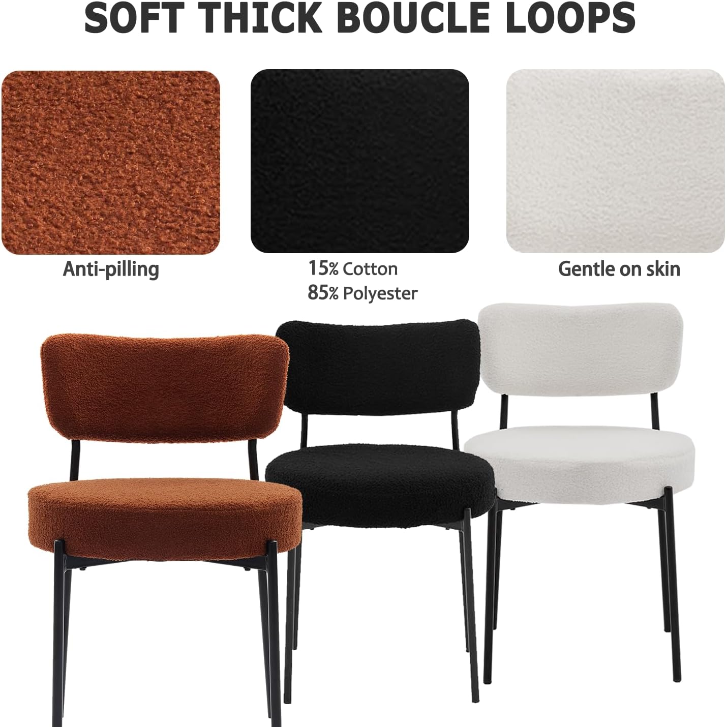 Boucle Dining Chair Set of 2, Mid Century Modern Upholstered Kitchen Chairs with Curved Backrest & Black Metal Legs, Round Dining Room Chairs, Brown