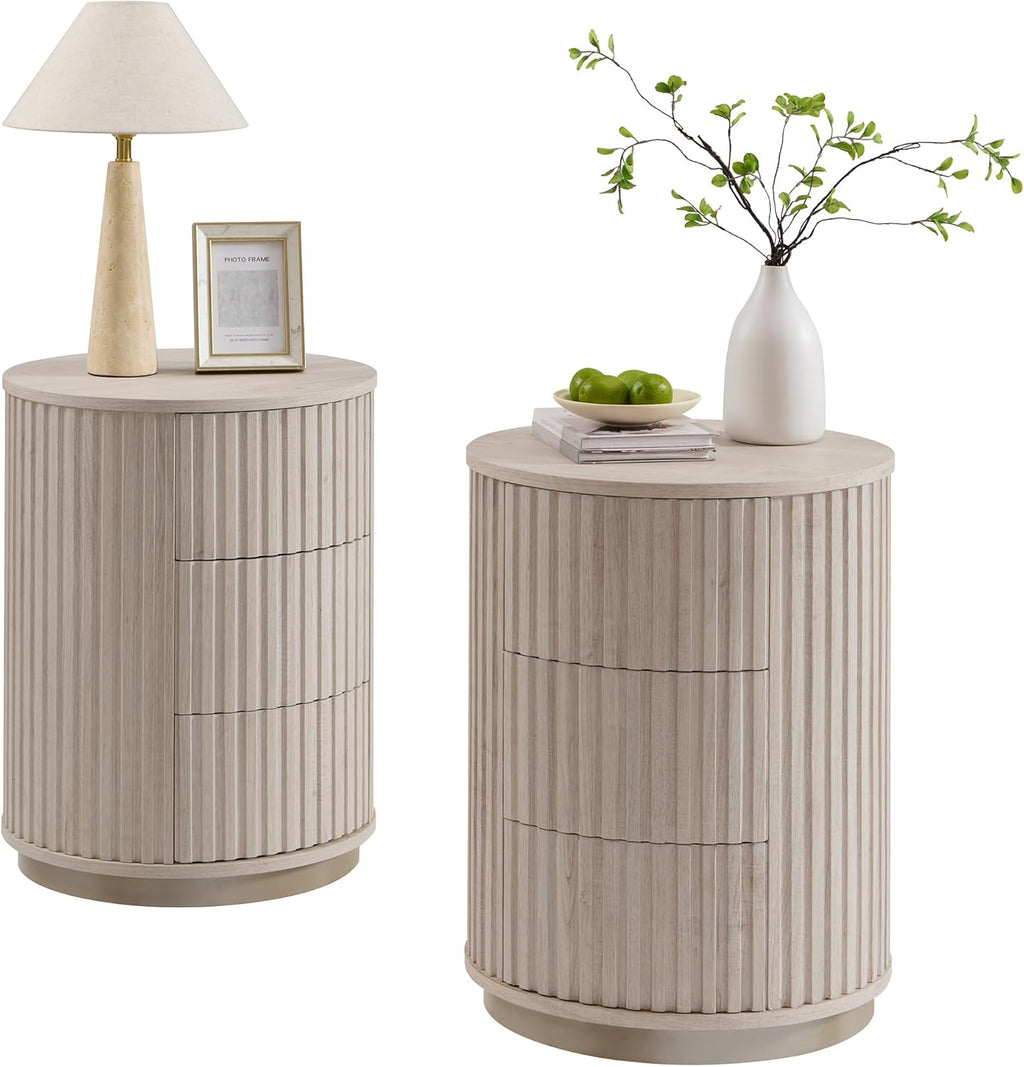 JXQTLINGMU Fluted Nightstand Set of 2 with 3 Push-to-Open Drawers, 24" Tall Round Side Table, Modern Wood End Table for Bedroom, Living Room or Small Spaces, White Alder
